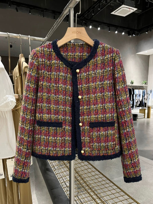 Plaid red small fragrant jacket for women 2023 new autumn and winter retro slimming unique personality versatile suit