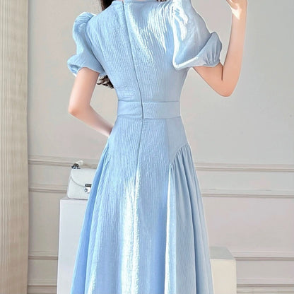 2024 summer new style French retro tea break dress with waist slimming puff sleeves and elegant fairy dress