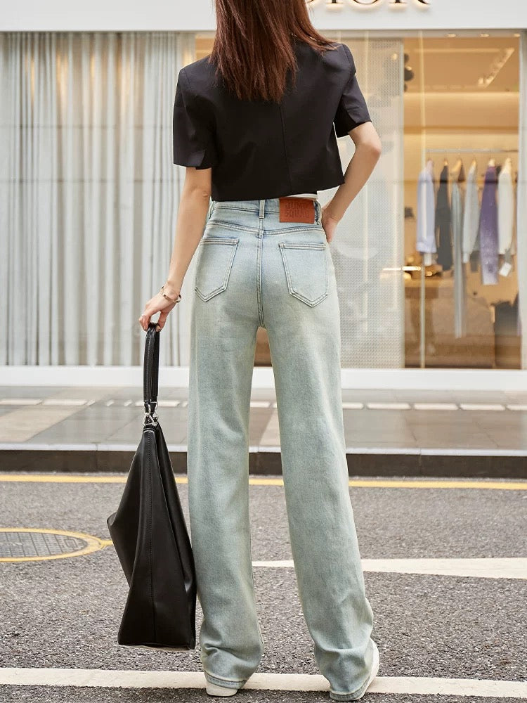 Nostalgic Blue Hong Kong Style Straight Jeans for Women Loose Wide Legs 2024 Autumn New Style High Waist Splicing Draping Floor Mopping