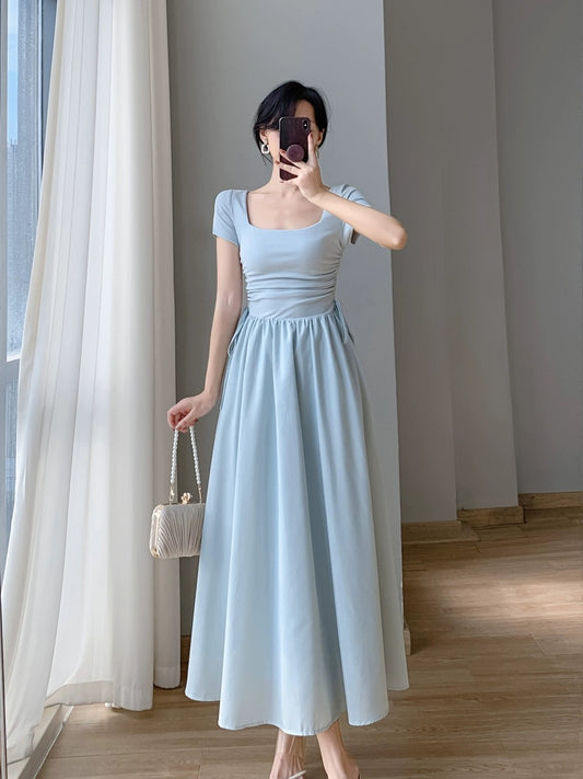 2024 new summer women's clothing design French first love skirt waist slimming gentle style square neck dress