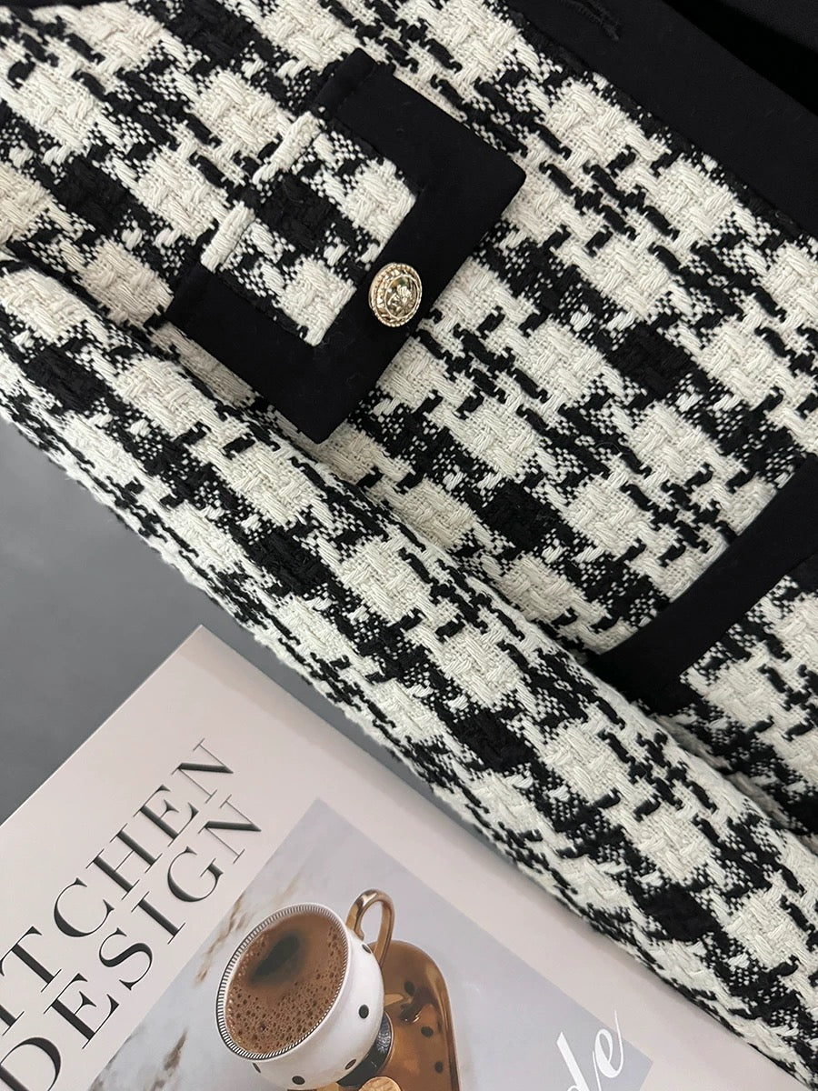 Black and white checkered high-end fashionable-style short jacket for women, autumn and winter 2025 new style, sophisticated suit top.