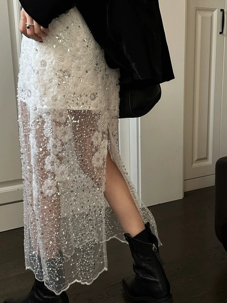 CHao level recommendation! Heavy industry beaded sequin white skirt women's spring temperament high-end mesh a-line long skirt