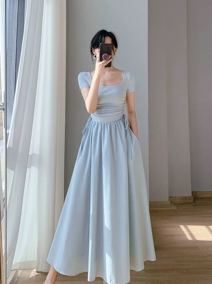 2024 new summer women's clothing design French first love skirt waist slimming gentle style square neck dress