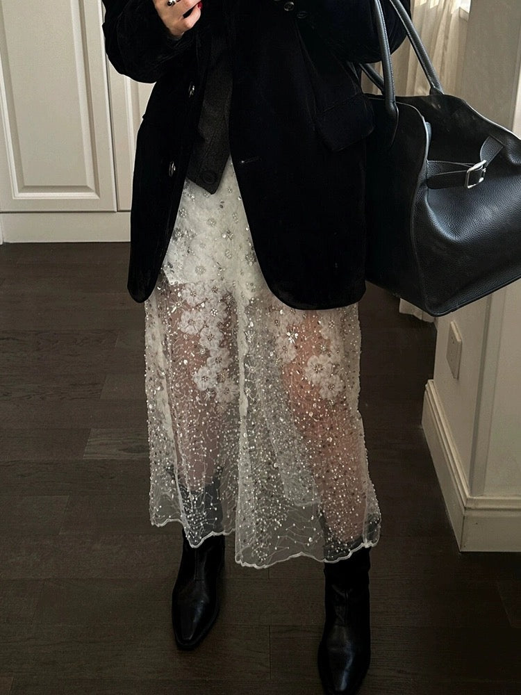 CHao level recommendation! Heavy industry beaded sequin white skirt women's spring temperament high-end mesh a-line long skirt