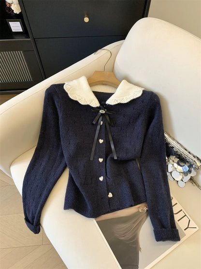 Jade Closet direct store recommendation ~ French sweet style lapel design long sleeve knitted cardigan sweater for women