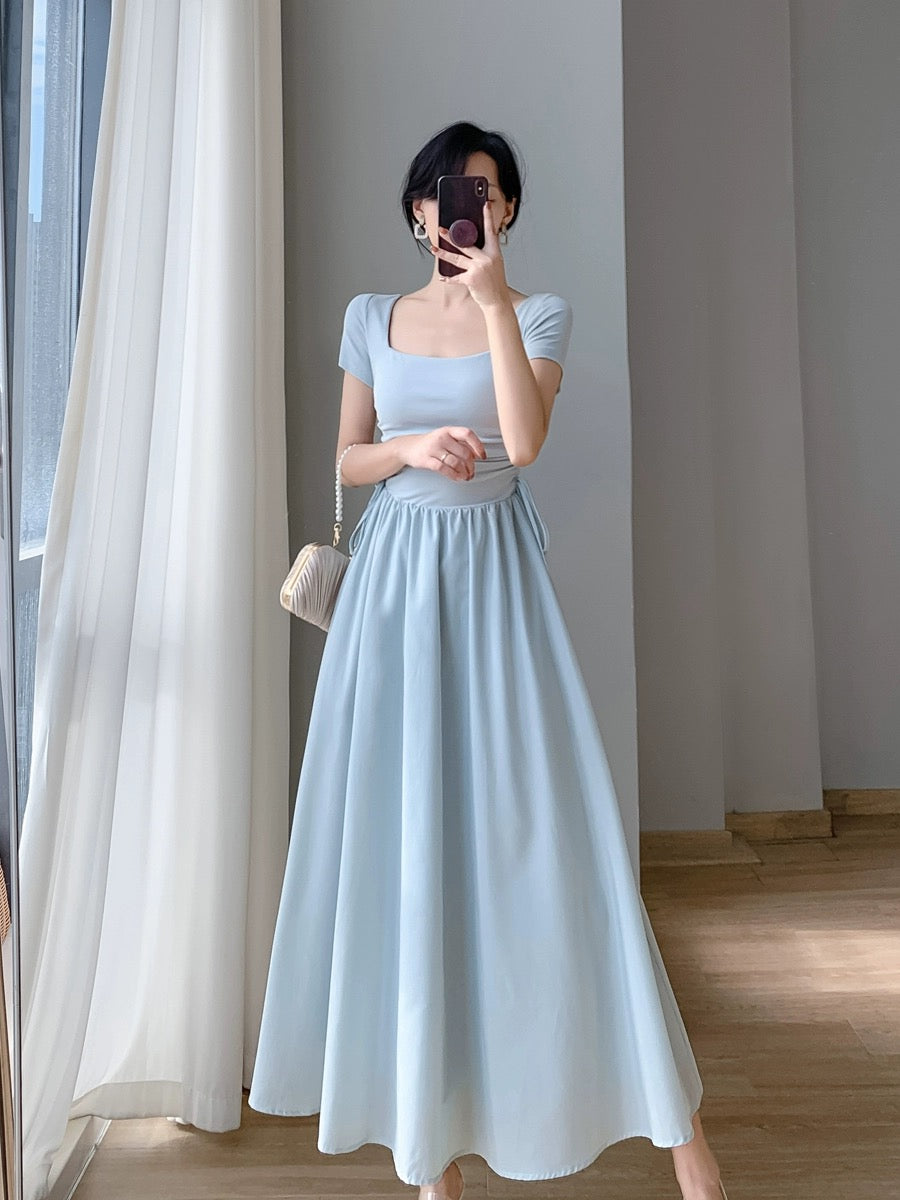 2024 new summer women's clothing design French first love skirt waist slimming gentle style square neck dress