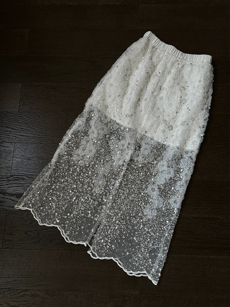 CHao level recommendation! Heavy industry beaded sequin white skirt women's spring temperament high-end mesh a-line long skirt