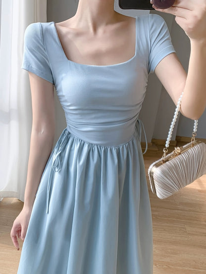 2024 new summer women's clothing design French first love skirt waist slimming gentle style square neck dress