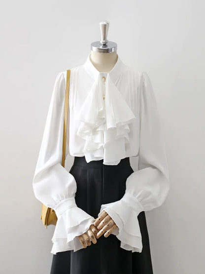 Retro palace style satin white small stand collar shirt women's spring and autumn niche design trumpet sleeve chic top