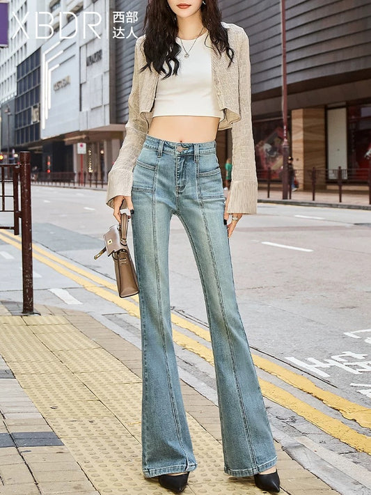Light-colored high-waisted flared jeans for women, slim fit, 2024 new autumn clothing, spliced floor-length slightly flared long trousers