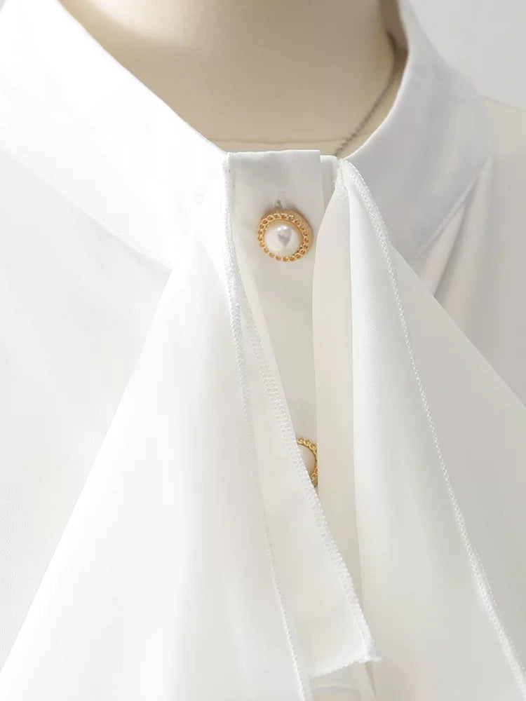 Retro palace style satin white small stand collar shirt women's spring and autumn niche design trumpet sleeve chic top