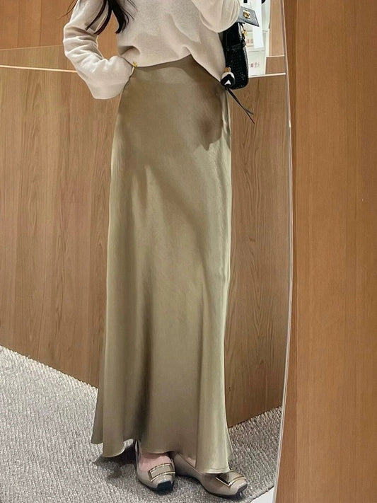 CHao level recommendation! French acetate satin fishtail skirt for women, spring and summer high-waist slimming hip-hugging long skirt