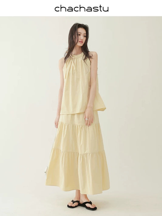 CHACHASTU [Summer Prologue] Vitality Lemon C Retro Strap Halter Neck Cake Skirt Set