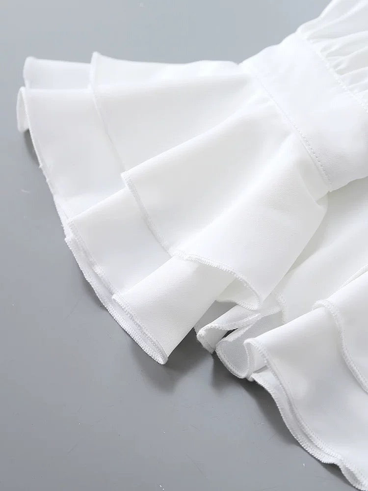 Retro palace style satin white small stand collar shirt women's spring and autumn niche design trumpet sleeve chic top