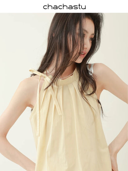 CHACHASTU [Summer Prologue] Vitality Lemon C Retro Strap Halter Neck Cake Skirt Set