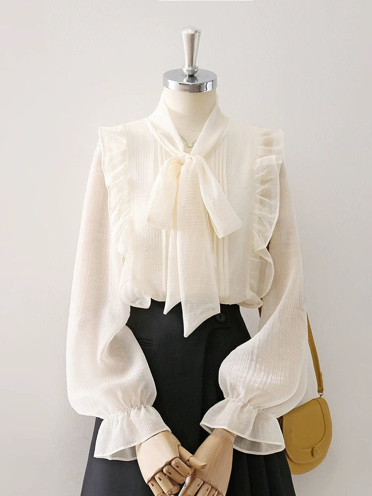 Design sense ruffle bow chiffon shirt women's clothing 2025 spring and autumn new thin semi-transparent lantern sleeve top