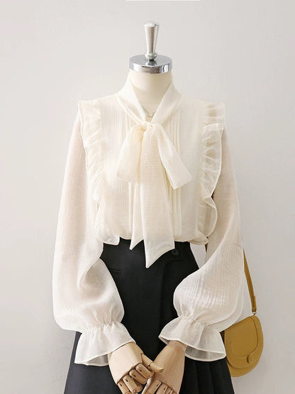 Design sense ruffle bow chiffon shirt women's clothing 2025 spring and autumn new thin semi-transparent lantern sleeve top