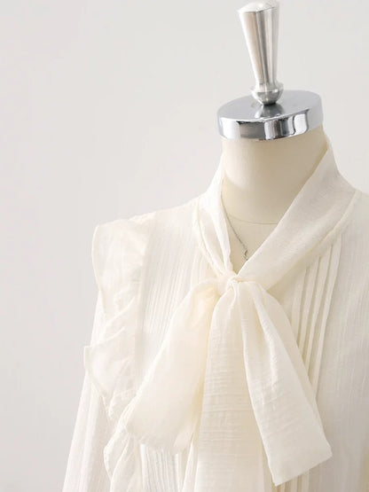 Design sense ruffle bow chiffon shirt women's clothing 2025 spring and autumn new thin semi-transparent lantern sleeve top