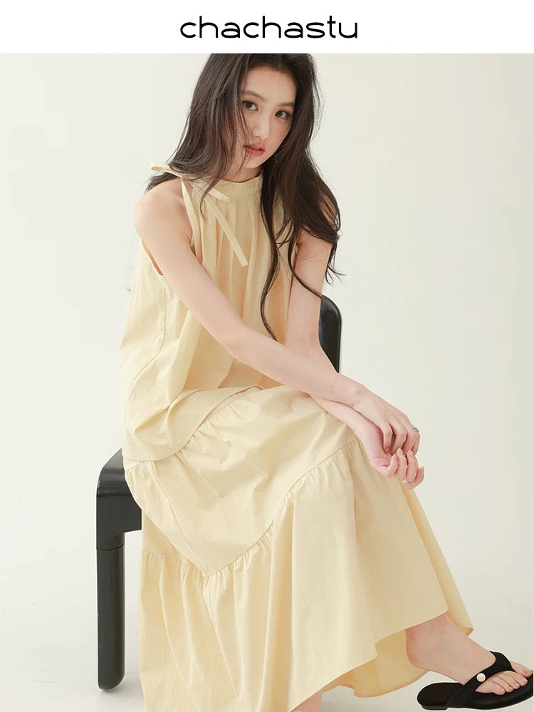 CHACHASTU [Summer Prologue] Vitality Lemon C Retro Strap Halter Neck Cake Skirt Set