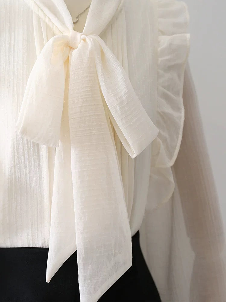 Design sense ruffle bow chiffon shirt women's clothing 2025 spring and autumn new thin semi-transparent lantern sleeve top
