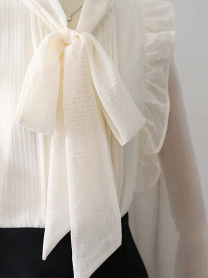 Design sense ruffle bow chiffon shirt women's clothing 2025 spring and autumn new thin semi-transparent lantern sleeve top