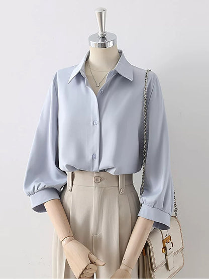 Summer thin drape blue-gray satin lapel shirt female 2025 new professional commuting three-quarter sleeve top