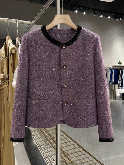 Purple chic down-lined-style jacket for women, 2025 new winter style, unique sequined velvet collar short top.