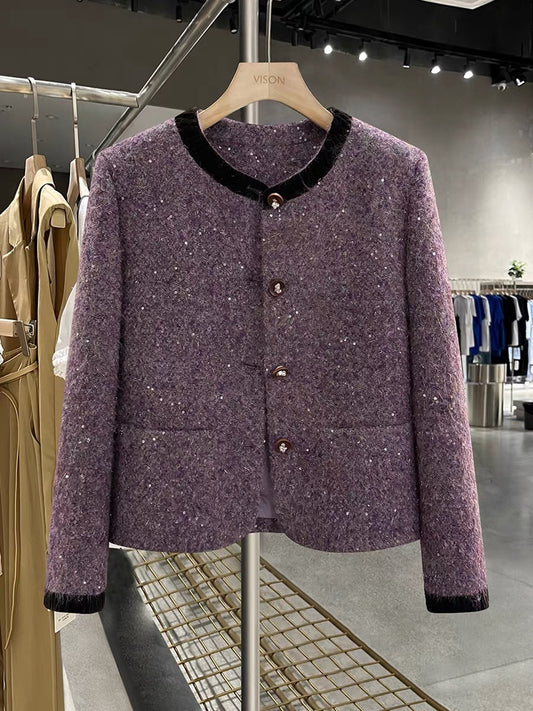 Purple chic down-lined-style jacket for women, 2025 new winter style, unique sequined velvet collar short top.