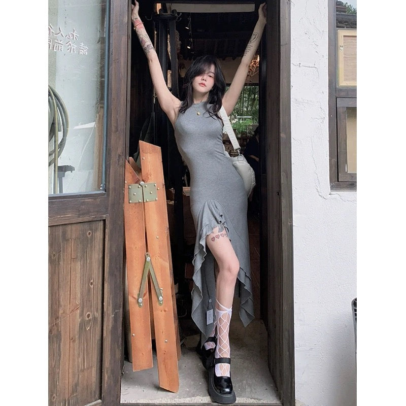 Irregular slit sleeveless dress for women 2023 new French high-end temperament slim long skirt for women summer