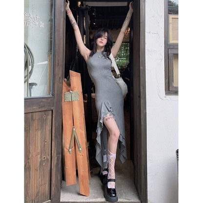 Irregular slit sleeveless dress for women 2023 new French high-end temperament slim long skirt for women summer