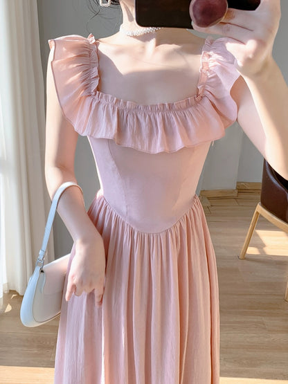 2024 new summer women's design French first love skirt waist slimming ruffled temperament suspender dress