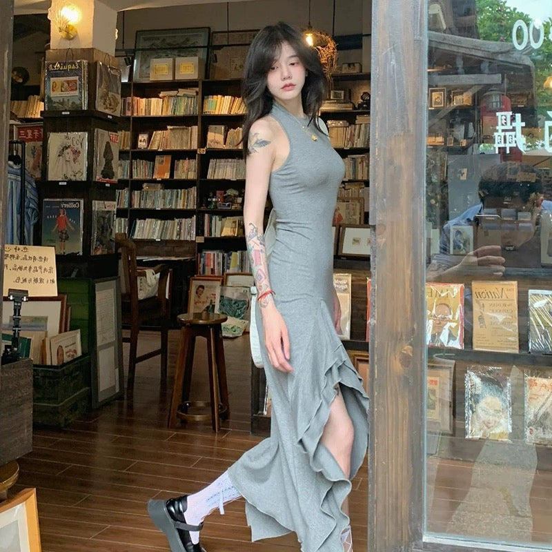 Irregular slit sleeveless dress for women 2023 new French high-end temperament slim long skirt for women summer