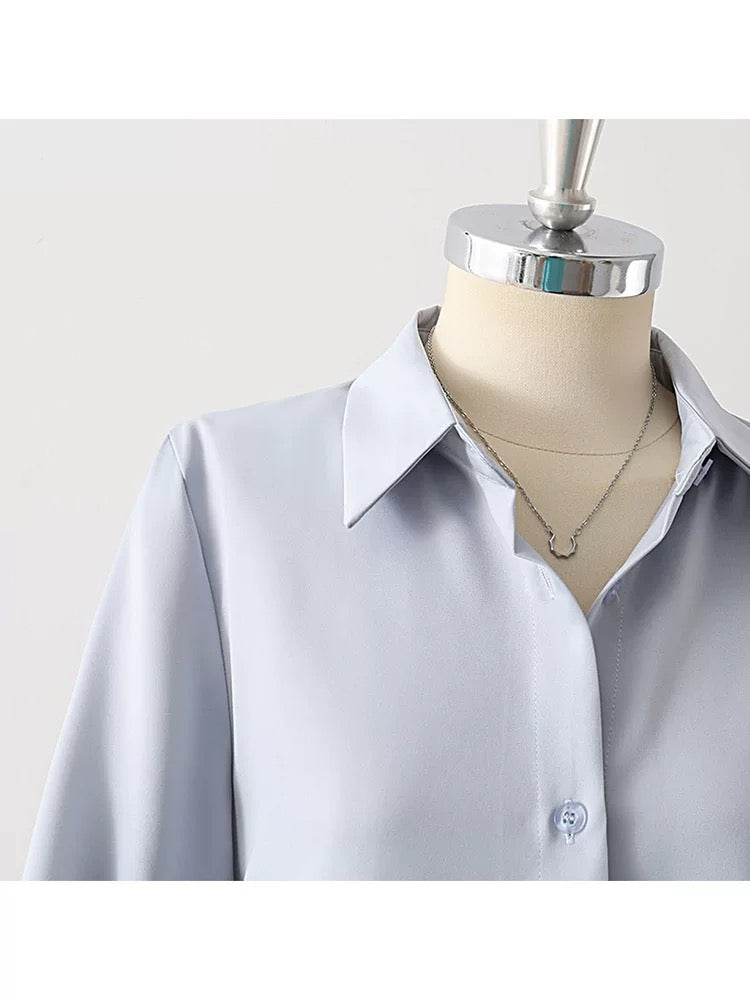 Summer thin drape blue-gray satin lapel shirt female 2025 new professional commuting three-quarter sleeve top