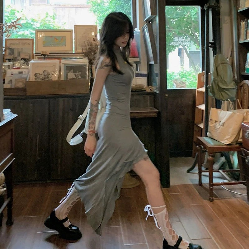 Irregular slit sleeveless dress for women 2023 new French high-end temperament slim long skirt for women summer