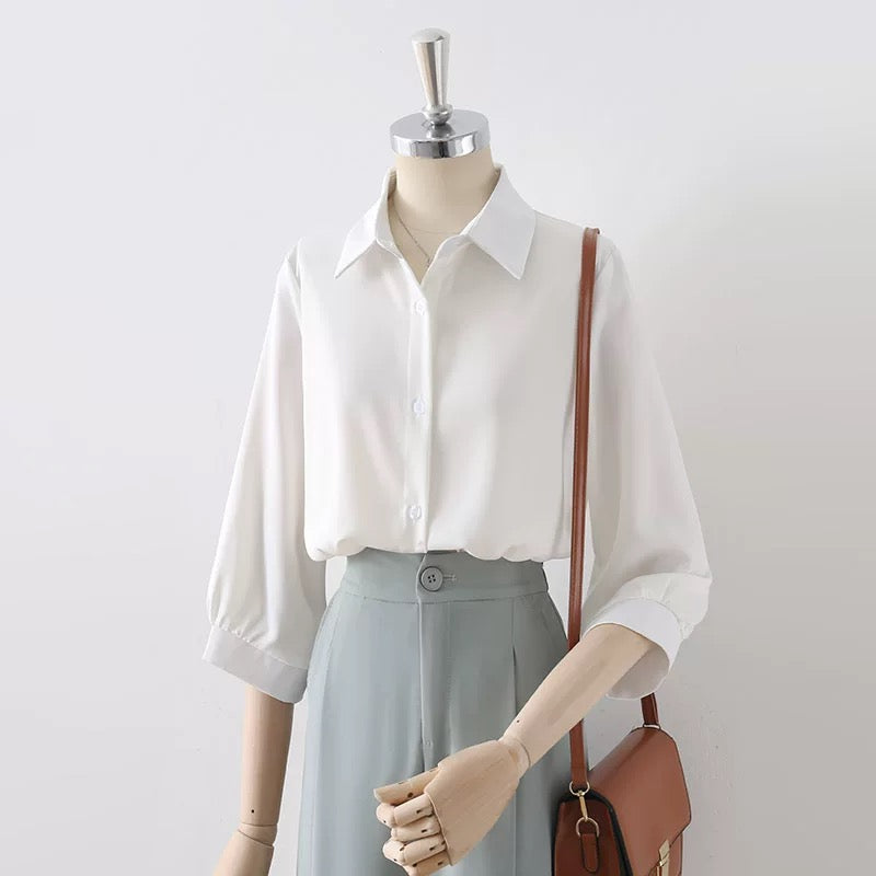 Summer thin drape blue-gray satin lapel shirt female 2025 new professional commuting three-quarter sleeve top