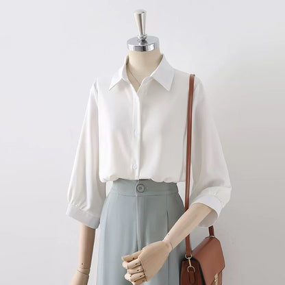 Summer thin drape blue-gray satin lapel shirt female 2025 new professional commuting three-quarter sleeve top