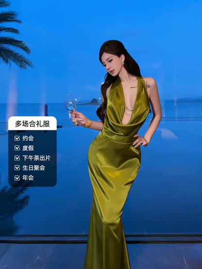 Original New Arrival [KAI LIN] – Pearlescent Satin French-Style Open-Back Mermaid Dress (Elegant Socialite Aesthetic)