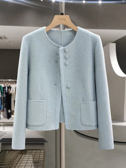 Blue, gentle, unique, and beautiful wool coat for women, new autumn/winter 2025 style, mature and sophisticated double-faced wool coat.