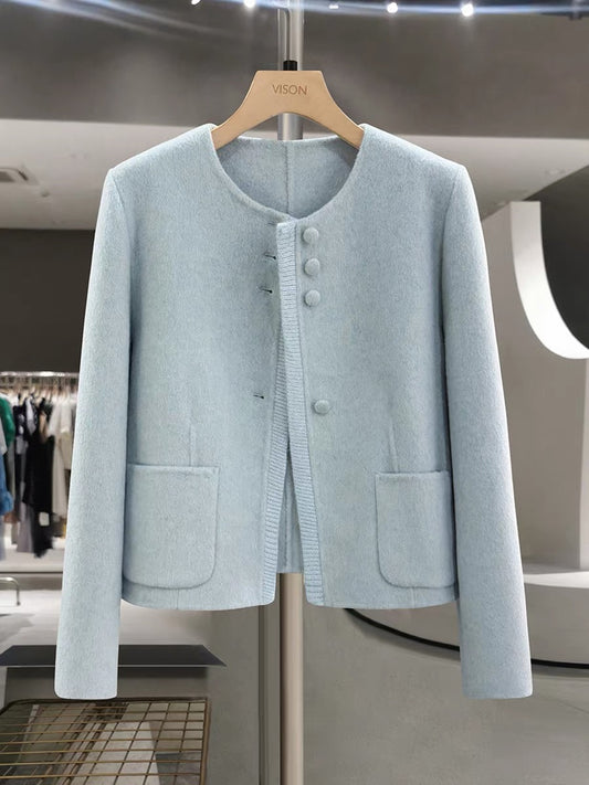 Blue, gentle, unique, and beautiful wool coat for women, new autumn/winter 2025 style, mature and sophisticated double-faced wool coat.