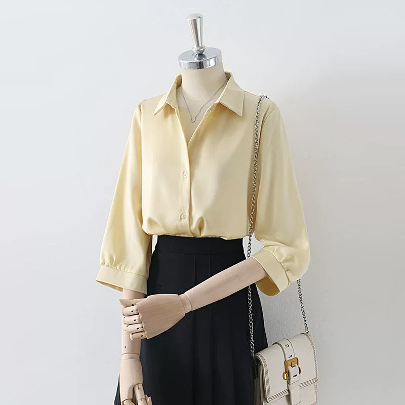 Summer thin drape blue-gray satin lapel shirt female 2025 new professional commuting three-quarter sleeve top