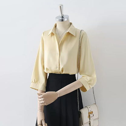 Summer thin drape blue-gray satin lapel shirt female 2025 new professional commuting three-quarter sleeve top