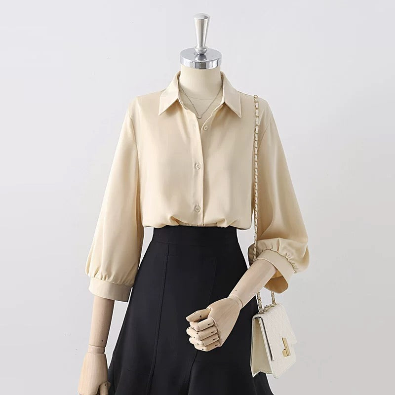 Summer thin drape blue-gray satin lapel shirt female 2025 new professional commuting three-quarter sleeve top