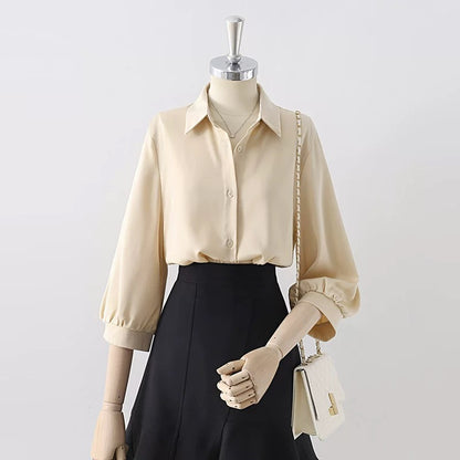 Summer thin drape blue-gray satin lapel shirt female 2025 new professional commuting three-quarter sleeve top