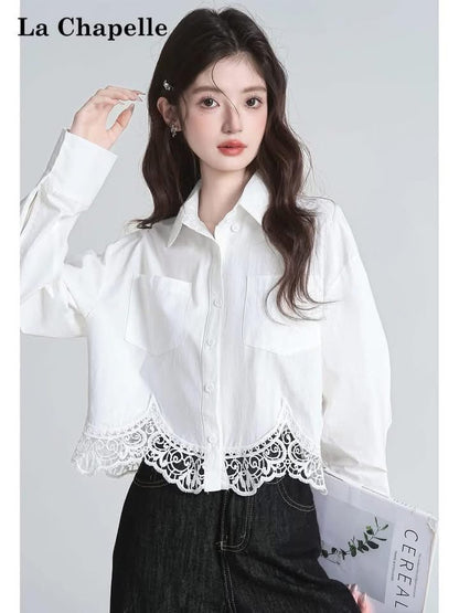 La Chapelle hollow lace patchwork shirt short top women's early autumn design long-sleeved white shirt