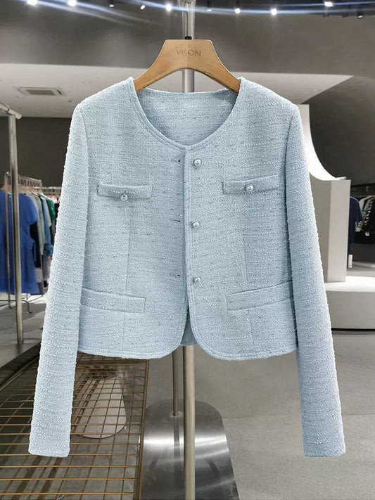 Blue Korean style, flattering-inspired short jacket for women, new spring and autumn style, petite and chic top.