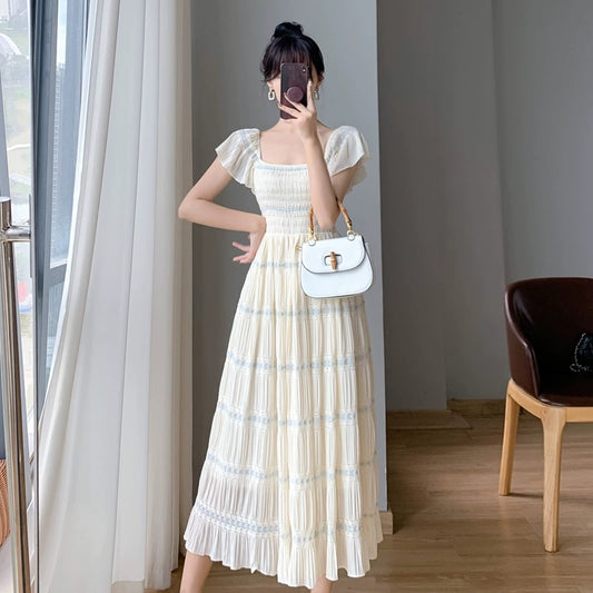 2024 new summer design French first love skirt waist slimming gentle style dress square neck long skirt