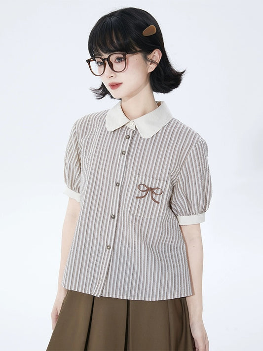 Tailored Milk Coffee Striped Puff Sleeve Shirt Women's Spring and Summer Design Bow Embroidered Short Sleeve Shirt