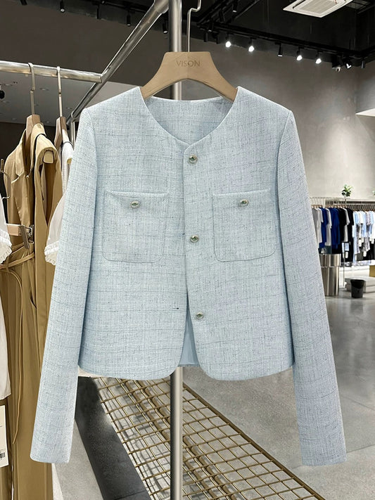 Blue fresh and simple small fragrance style short coat for women spring and autumn 2024 new cold style Hong Kong style light luxury top