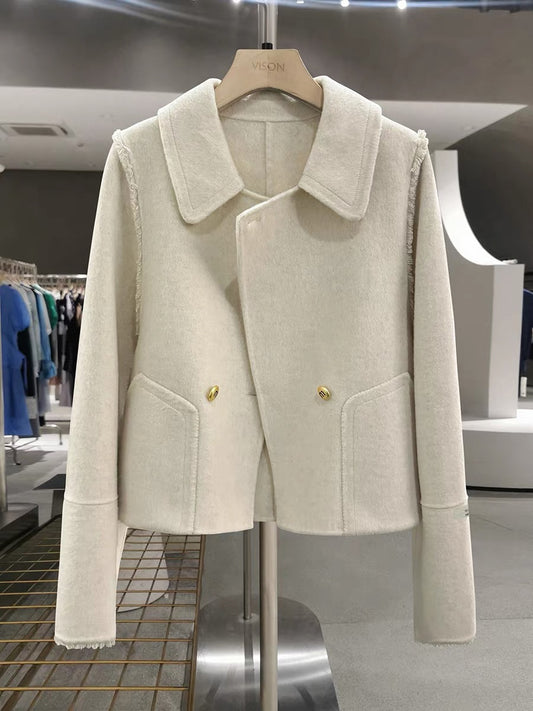 Ivory White Double-Sided Cashmere Coat for Women, 2025 New Autumn/Winter Style, Loose Fit, Fashionable Wool Coat