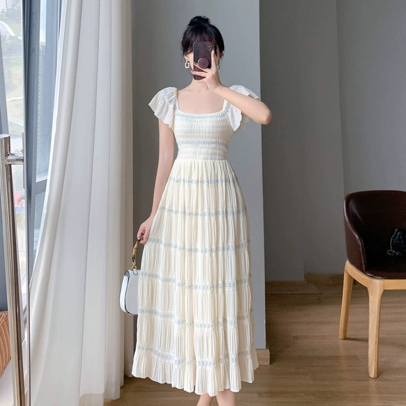 2024 new summer design French first love skirt waist slimming gentle style dress square neck long skirt